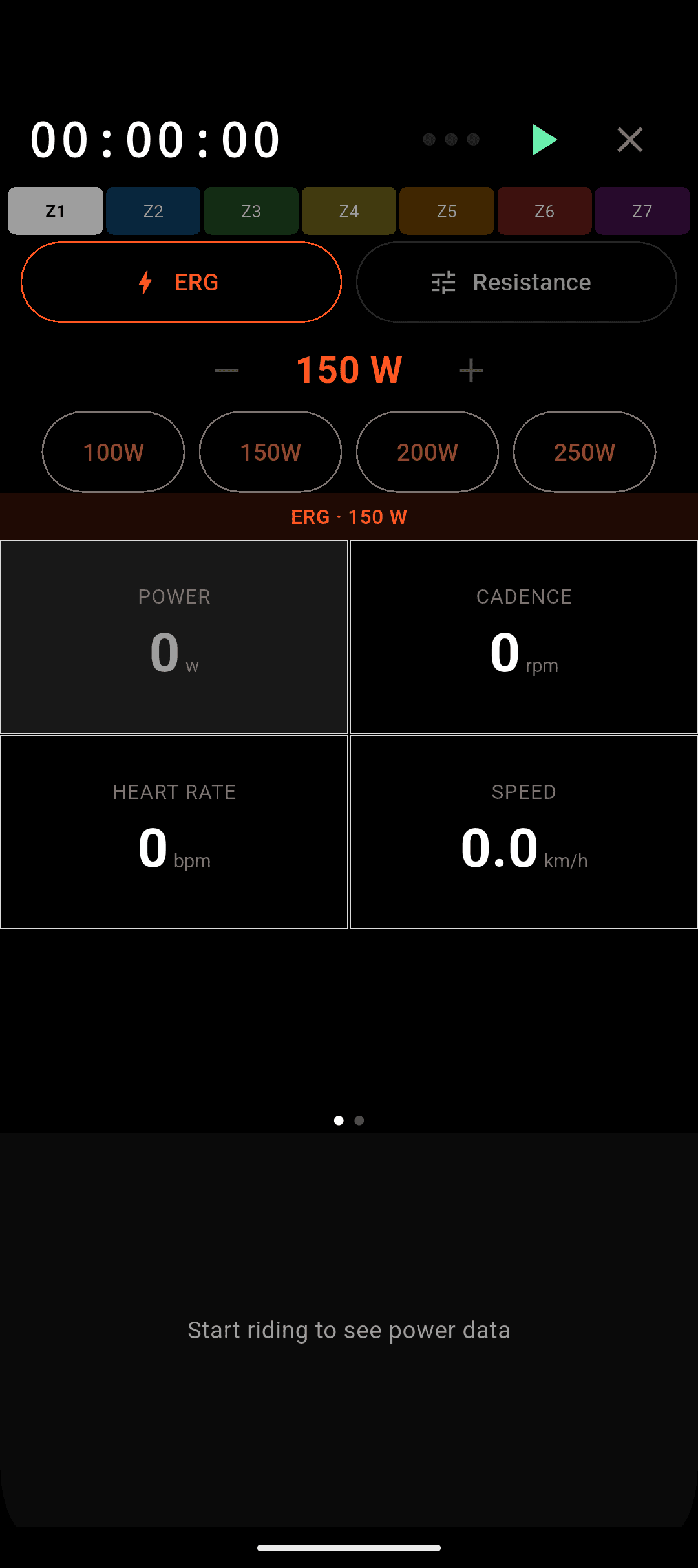 OpenBike ride screen showing ERG mode and live power